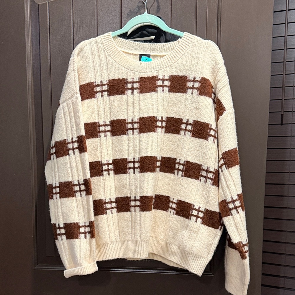 Bobeau Cream and Brown Plaid Men's Crewneck Sweater